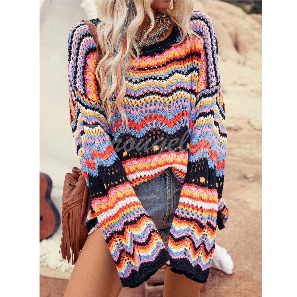 Bohemian Bell Sleeve Light Sweater Loose Fit Multicolor Knit Eyelet Stretchy - Picture 2 of 8